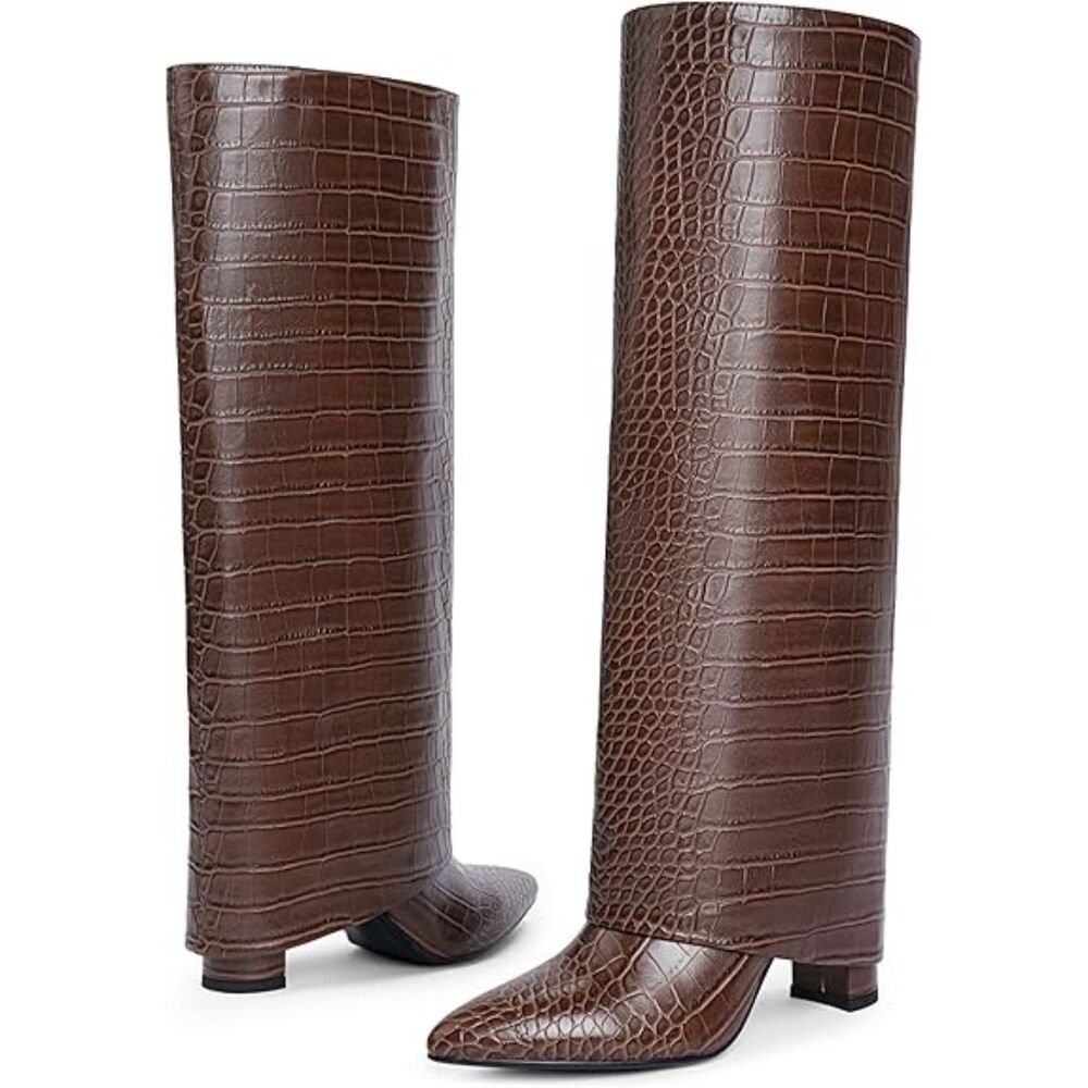 Women's Crocodile Brown Pointed Toe Side Zipper Chunky Heels Knee High Boots - Picture 6 of 6